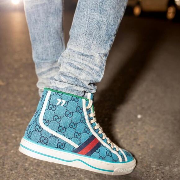 Gucci Tennis 1977 High Top Sneakers Turquoise Navy Logo Monogram Size 37 - Picture 3 of 11